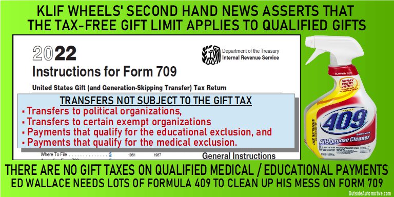 KLIF Wheels Ed Wallace misinforms on gift taxes on qualified medical/educational payments.